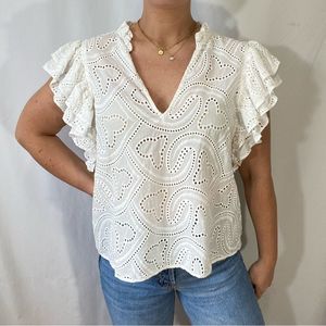 Lavender Brown White Eyelet Cotton Flutter Sleeve V Neck Top Size Large